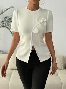 Chiquease Ruched 3D Floral Decor Bubble Pleated Short Sleeve Women T-Shirt
