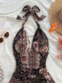 Soleia 花卉和佩斯利图案吊带 V 领系带透明褶皱浪漫度假迷你连衣裙，适合音乐节、波西米亚风、节日约会、下午茶 - 彩色 - 查看 5