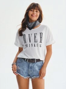 SHEIN LUNE Camiseta con estampado de letra de manga murciélago - Blanco - Ver 2