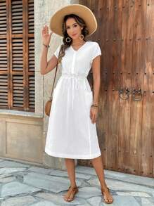 EMERY ROSE Women's Solid Color Midi Casual Dress, Minimalist & Fashionable For Everyday Wear - White - View 4