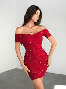 SHEIN Tall 露肩串珠装饰紧身迷你连衣裙，优雅派对装 - 紅色 - 查看 4