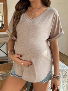 SHEIN Lace Patchwork Sunflower Design Maternity V-Neck T-Shirt - Khaki - View 1