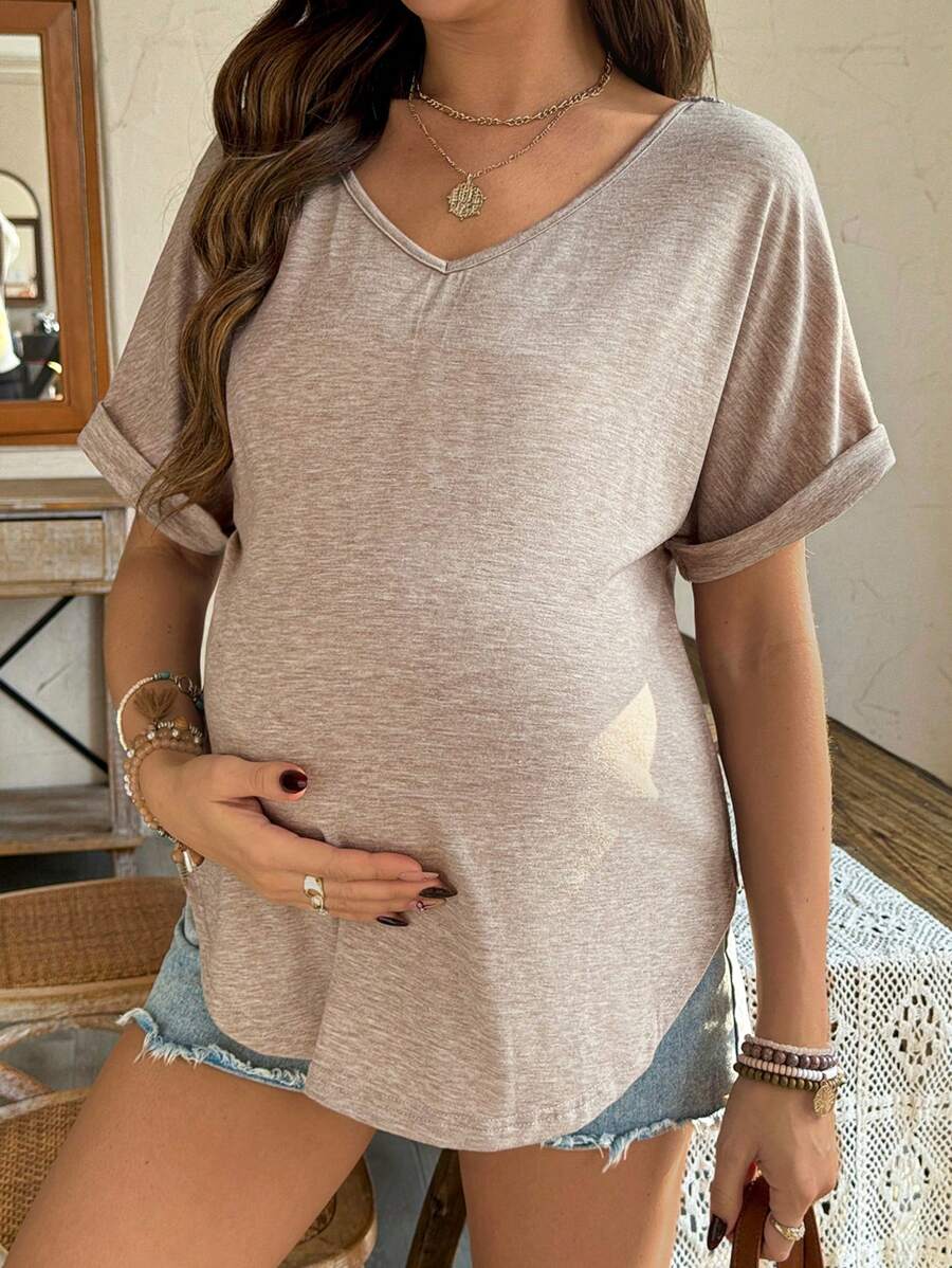 SHEIN Lace Patchwork Sunflower Design Maternity V-Neck T-Shirt - Khaki - View 1