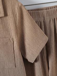 Young Boy 2pcs Set: Casual Fashionable Faux Wood Grain Textured Fabric Lapel Short Sleeve Shirt And Relaxed Fit Pants - Khaki - View 5