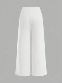 SHEIN 年轻女孩运动服白色纯色休闲宽松舒适百搭运动跑步户外优雅高腰设计贴身全长裤，棉质 - 白色 - 查看 2