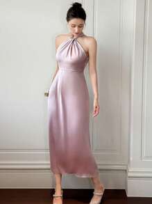 DAZY Vestido midi elegante de mujer con abertura en el bajo, de unicolor y escote halter, vestido de verano formal para mujer