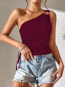 Chiquease 1pc Women Solid Color Sleeveless Round Ring Connected Tank Top - Redwood - View 5