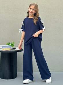 SHEIN Nova Glow Tween 女童纯色圆领蝴蝶结宽松 T 恤和宽松长裤两件套休闲套装 - 寶藍色 - 查看 5