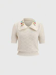 Sweetra Women's Vintage Sweet Apricot Loose French Embroidery Peter Pan Collar Short Sleeve Lightweight Knit Sweater Top - Apricot - View 1