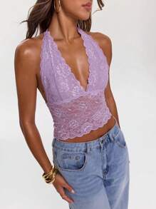 SHEIN BAE Lightweight Purple Lace Backless Halter Neck Sexy Bodycon Top, Elegant & Cute For Summer Vacation, Music Festival, Concerts, Date, Party - Purple - View 4