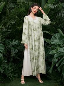 Al Najma New Style Rhinestone Collar Tie Dye Contrast Insert Robe, Arabian Dresses - Green - View 5