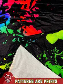 Slaydiva 隨性寬鬆的墨水飛濺多彩女孩圓領短袖T恤和短褲套裝，大尺碼，夏季 - 黑色 - 查看 4