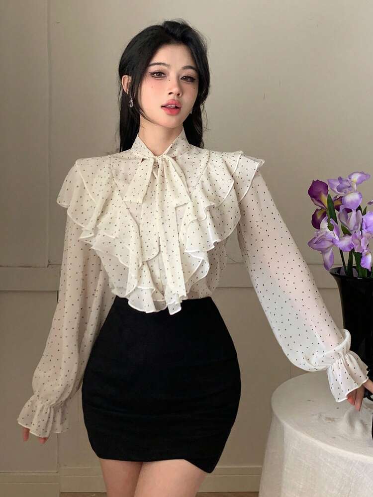 Women's Polka Dot Ruffle Collar Casual Blouse, Stylish For Daily Wear,Fall Women Clothes Long Sleeve Top