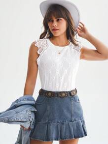 SHEIN LUNE Summer Lace Splice Back Knot Casual Shirt - White - View 2