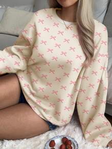 SHEIN EZwear 女士和女孩蝴蝶结设计粉色运动衫，休闲运动套头衫，带保暖内衬，适合秋冬季 - 彩色 - 查看 4