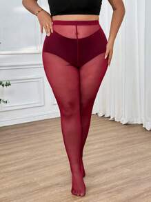 SHEIN CURVE+ Leggings de malla transparente para mujer de talla grande - Burdeos - Ver 4