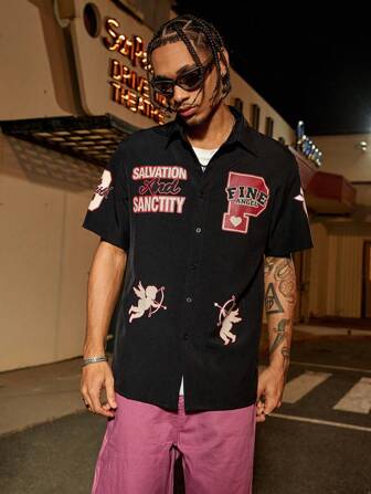 Manfinity Streetrush Men's Letter Print Short Sleeve Single-Breasted Casual Shirt Men Street Wear Shirts Streetwear Men,Best - Selling On INS! This Young Street - Style Men's Shirt, With A Black Main Tone, Is Extremely Cool. The Chest Is Full Of Personalized Elements. The Letters Are Retro And Eye - Catching. The Red - On - White English Letters And The Large "P" Pattern On The Right, Together With The Heart Elements, Are Full Of Fashion Sense. The Angel Patterns On The Sleeves And The Hem Add A Touch Of Dreaminess. The Overall Design Is Bold And Unique, Skillfully Integrating Street Culture And Fashion Elements. Wearing It, You Can Easily Become The Focus On The Street.