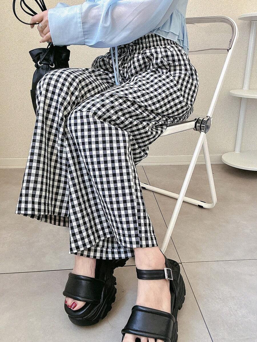 FRIFUL 女士格纹高腰休闲七分裤，春夏 - 黑與白 - 查看 1
