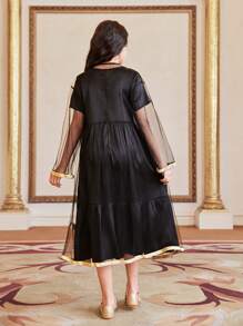 SHEIN Set de 2 piezas con vestido de niña preadolescente bordado con lentejuelas y chaqueta con superposición de malla - Negro - Ver 2
