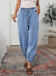 SHEIN LUNE Women's Drawstring Waist Pockets Ankle-Cuffed Jeans - Blue - View 5