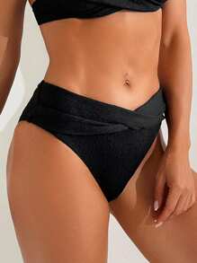 SHEIN Swim Springbreak Women Beachwear Bikini Bottom, New European & American Solid Color Special Fabric Sexy Cross One-Piece Swimwear Bottom, Festival Boho, For Summer Beach Vacation - Black - View 2