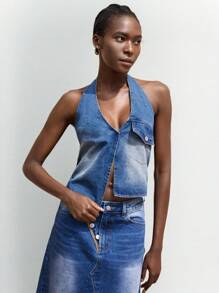 Maija Tops de mujer de tela vaquera con cuello halter para primavera y verano - Azul lavado medio - Ver 6