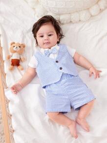 3-Piece Newborn Baby Boy/Girl Casual Academic Gentleman Style Short Sleeve Romper + Striped Vest + Elastic Waist Shorts Set, Suitable For Spring/Summer Wear, Home, Outings, Birthdays, Christenings, 1st Birthday Parties, Galas, Performances, Weddings