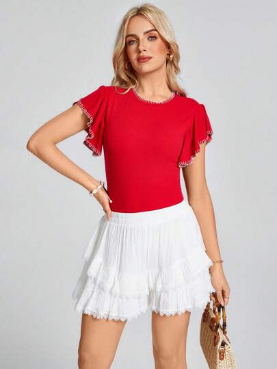 SHEIN LUNE 女式红色短袖荷叶边刺绣装饰修身 T 恤，春夏