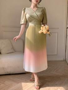 DAZY V-Neck Ombre Ruffle Waist Midi Dress For Women - Yellow - View 5