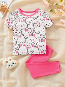 Baby Girls 2pcs Rose Red Cute Rabbit Short Sleeve Leggings Set, Snug Fit Pajamas - Hot Pink - View 7