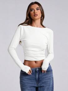 SHEIN BAE Women's Solid Color Date Night/Bachelor Party/Cocktail Party/Back To School Season/Concert/Rave Party/Fashion High Street Outing/Sexy Backless Bowknot Simple Pleated T-Shirt/Concert Women/Sexy Top - White - View 6
