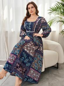 Lacomfia Women Plus Size Spring & Autumn Long Sleeve Multi-Element Print Square Neck Waist-Cinched Slim Dress Fall Cloth For Women - Multicolor - View 6