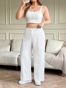 SHEIN EZwear 白色休闲纯色舒适针织女式直筒裤 - 白色 - 查看 5