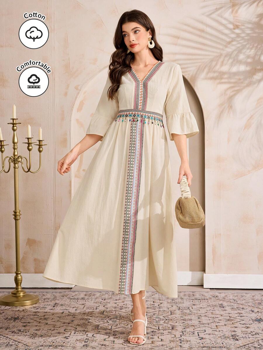 Al Najma 女式条纹 V 领喇叭袖休闲长裙 - 白色 - 查看 1