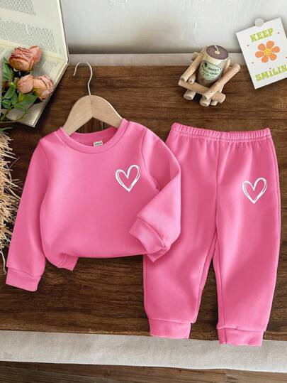SHEIN 2pcs Baby Girls Casual Minimalist Long Sleeve Top And Pants Set, Thickened For Autumn/Winter