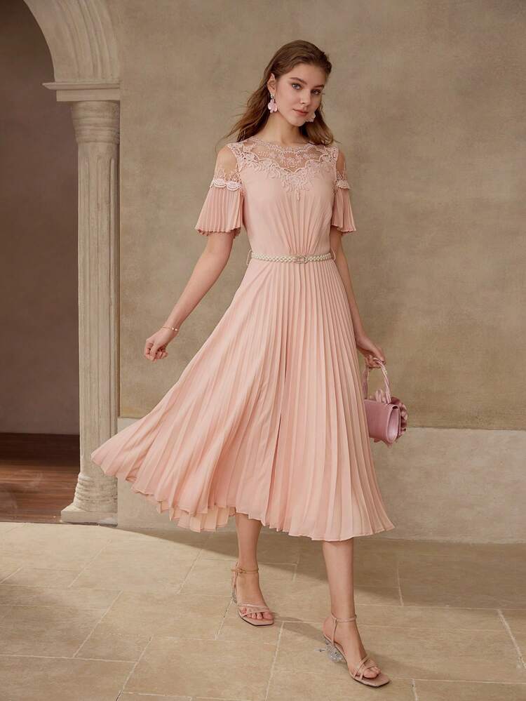 lace rose dress Dusty Rose Pink Long Formal Dress with Sheer Sleeves Dusty Rose / 16 main image 1