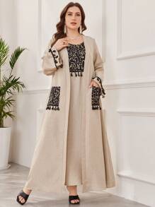 Al Najma Conjunto de 2 piezas de talla grande para mujer, estilo árabe con flecos, chaqueta de manga larga y vestido, modesto