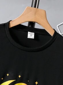 SHEIN 2 件套 2025 春夏新款斋月图案短袖 T 恤和短裤套装，适合青少年男孩 - 黑色 - 查看 7