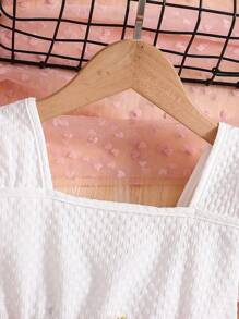 SHEIN Glamorique Kids 年轻女孩婚礼季节女孩白色公主裙配花腰带，短袖A字蓬松花童裙，轻盈节日连衣裙