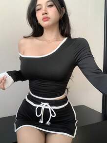 DAZY 2 件套女士不对称领长袖紧身 T 恤和迷你裙 - 黑色 - 查看 7