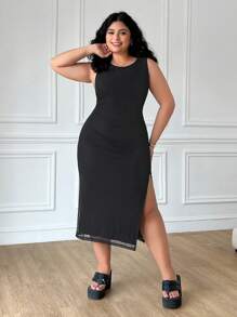 SHEIN EZwear 网眼双层无袖修身大码女式连衣裙 - 黑色 - 查看 4