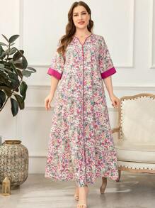 Al Najma 大码女式各样花朵图案 V 领半袖阿拉伯长裙