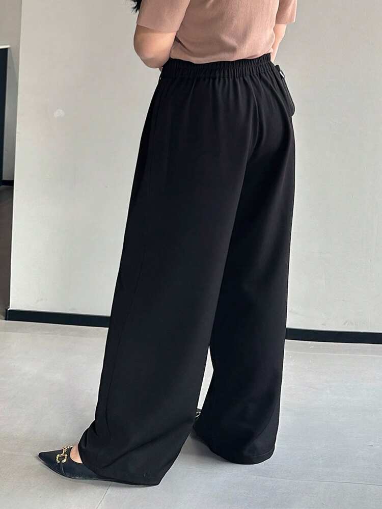 Dazy Petite Plus Plus Size Solid Color Straight Leg Loose Casual Suit Pants, Black, Business Casual Wear, All Seasons, Women Dress Pants Fall/Winter