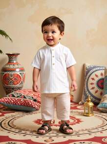 SHEIN Baby Boy 2pcs Short Sleeve Solid Stand Collar Top & Elastic Waist Plaid Long Pants Set - Multicolor - View 7