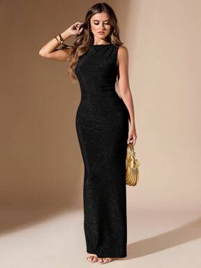 SHEIN BAE Robe près du corps plissée sans manches à col rond avec sequins, polyvalente pour l'été