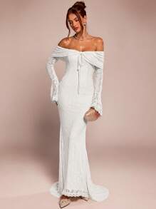 SHEIN BAE Váy Maxi đuôi cá dài tay trễ vai ren trắng thanh lịch dành cho nữ, thích hợp cho đám cưới, tiệc tùng, váy phù dâu - trắng - Xem 6