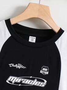 SHEIN T-shirt à manches courtes pour garçon préadolescent, style sportif coréen casual avec bloc de couleurs et imprimé. Convient pour le trajet, l'école, le casual quotidien, les sports, le printemps/été