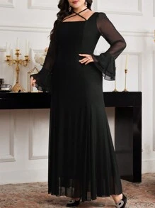 Modelyn 大码女式阿拉伯风格纯色网眼撞色长袖休闲连衣裙