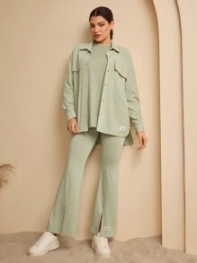 Lacomfia 女士休闲纯色长袖衬衫 - 綠色 - 查看 4