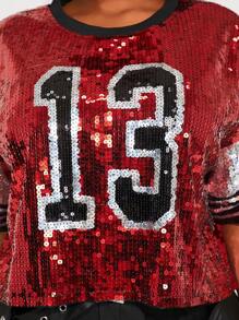 SHEIN SXY Plus Size Women's Number Sequin Embellished Round Neck Drop Shoulder Loose T-Shirt - Multicolor - View 6